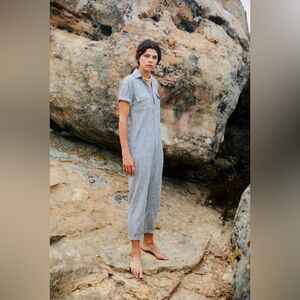 OZMA Size M Painters Jumpsuit Grey Striped Short Sleeve 100% Cotton Pockets